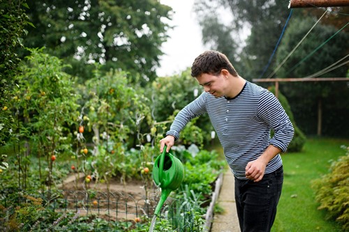 Young man smiling as he waters plants in garden