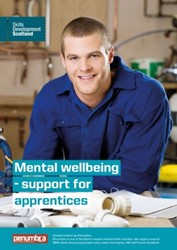 Cover of PDF file Mental Wellbeing - Support for Apprentices, showing a young man smiling at a work table